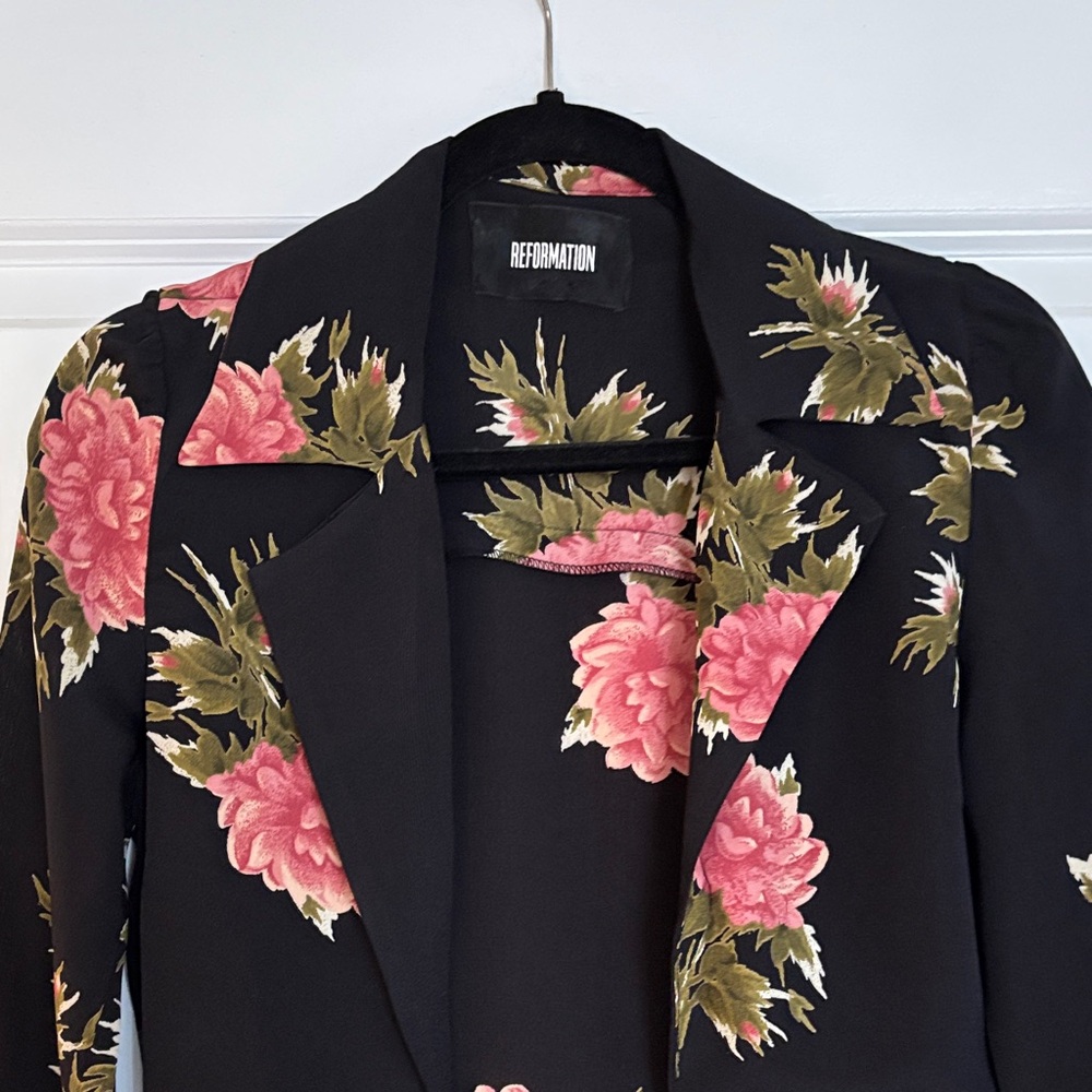 Reformation Black Blazer with Pink Floral Design